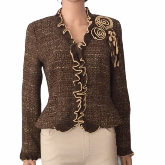 Vintage Lillie Rubin Brown Woven Blazer With Ruffle Flower Detail
